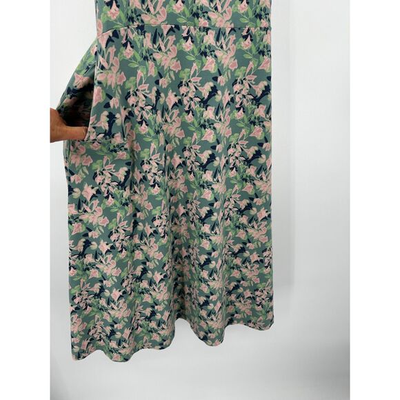 PACT Green Pink Floral Fit & Flare Racerback Summer Fall Midi Dress Size Large - Picture 7 of 10